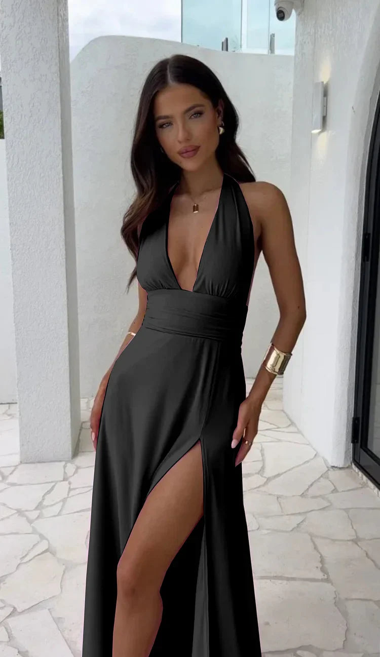 Chiara ™ | Sexy diepe V-hals splitjurk in effen kleur