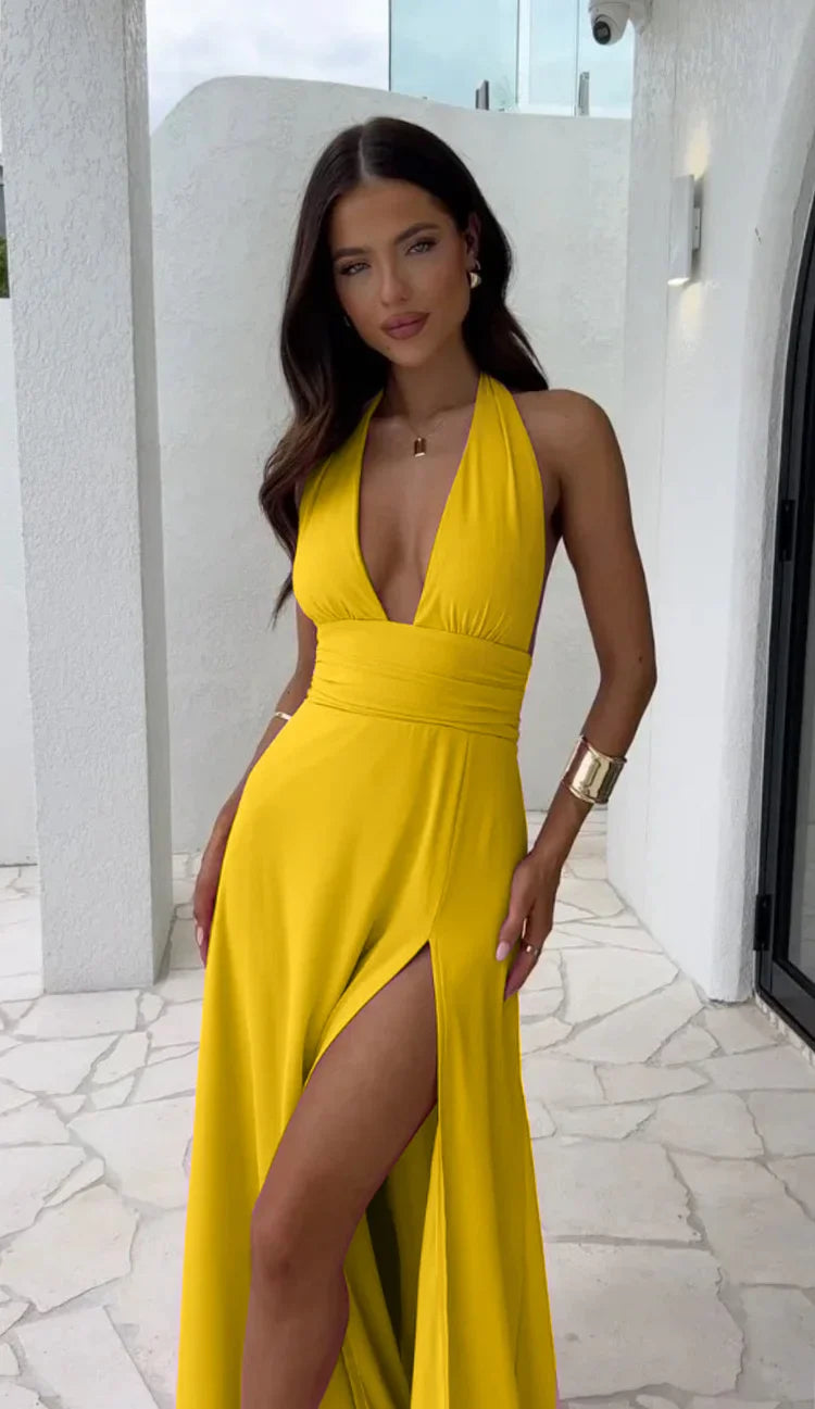 Chiara ™ | Sexy diepe V-hals splitjurk in effen kleur